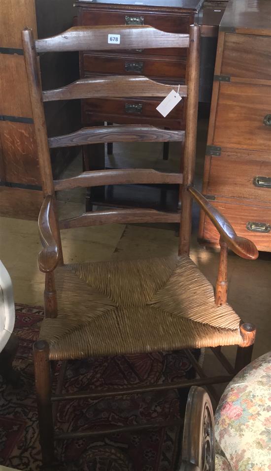 19th century ash ladderback rush-seat armchair